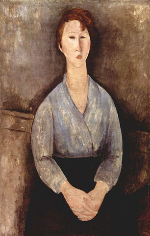 Seated woman in grey shirt White Modern Wood Framed Art Print with Double Matting by Modigliani, Amedeo