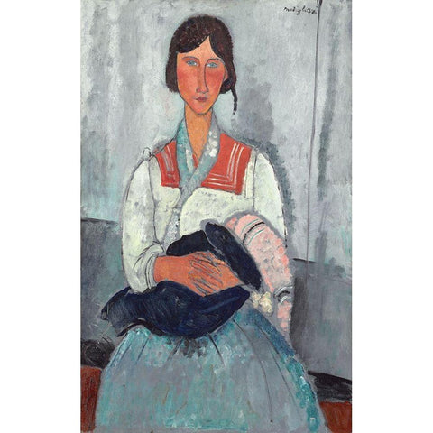 Gypsy Woman with Baby (1919) Black Modern Wood Framed Art Print with Double Matting by Modigliani, Amedeo