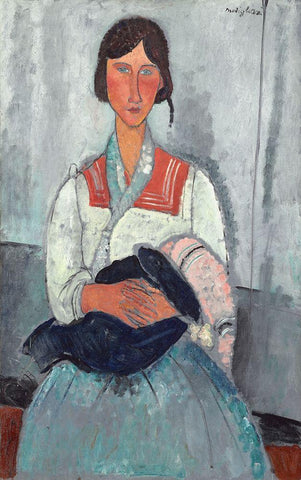 Gypsy Woman with Baby (1919) Black Ornate Wood Framed Art Print with Double Matting by Modigliani, Amedeo