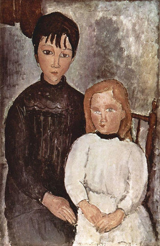 Seated Children White Modern Wood Framed Art Print with Double Matting by Modigliani, Amedeo