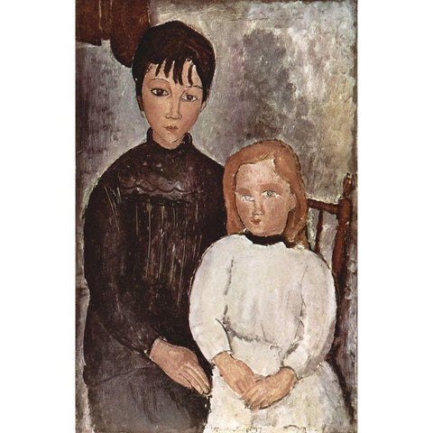 Seated Children Black Modern Wood Framed Art Print with Double Matting by Modigliani, Amedeo