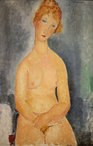 Seated Nude White Modern Wood Framed Art Print with Double Matting by Modigliani, Amedeo