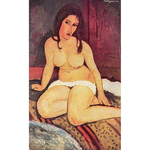 Nude seated on floor White Modern Wood Framed Art Print by Modigliani, Amedeo