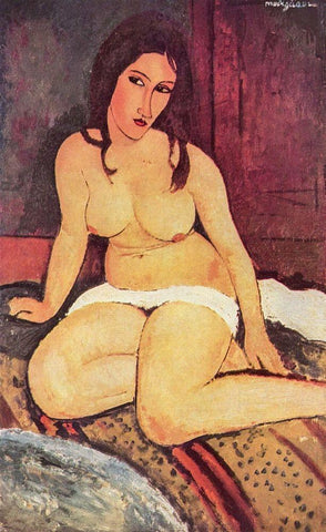 Nude seated on floor Black Ornate Wood Framed Art Print with Double Matting by Modigliani, Amedeo