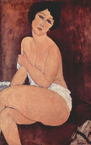 Seated girl nude Black Ornate Wood Framed Art Print with Double Matting by Modigliani, Amedeo