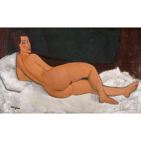 Reclining Nude looking over right shoulder White Modern Wood Framed Art Print by Modigliani, Amedeo