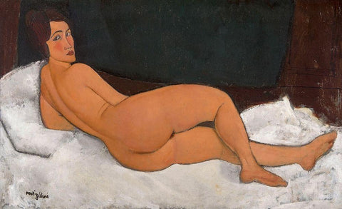 Reclining Nude looking over right shoulder Black Ornate Wood Framed Art Print with Double Matting by Modigliani, Amedeo