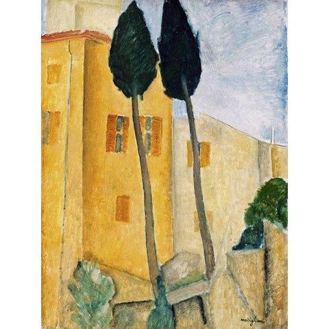 Cypress Trees and Houses, Midday Landscape 1919 White Modern Wood Framed Art Print by Modigliani, Amedeo