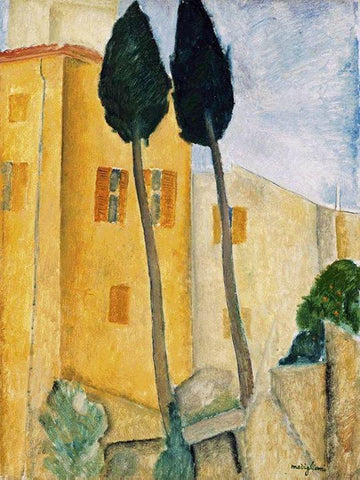 Cypress Trees and Houses, Midday Landscape 1919 White Modern Wood Framed Art Print with Double Matting by Modigliani, Amedeo