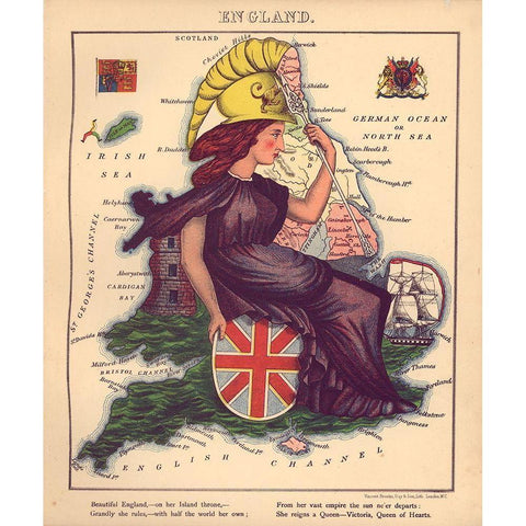 Anthropomorphic Map of England Gold Ornate Wood Framed Art Print with Double Matting by Vintage Maps