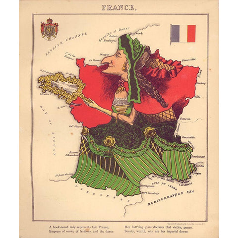 Anthropomorphic Map of France Black Modern Wood Framed Art Print by Vintage Maps