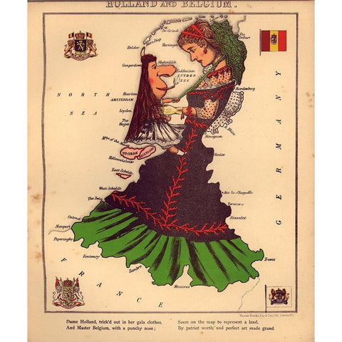 Anthropomorphic Map of Holland and Belgium Black Modern Wood Framed Art Print by Vintage Maps