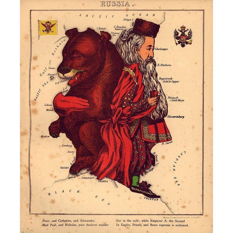 Anthropomorphic Map of Russia Gold Ornate Wood Framed Art Print with Double Matting by Vintage Maps