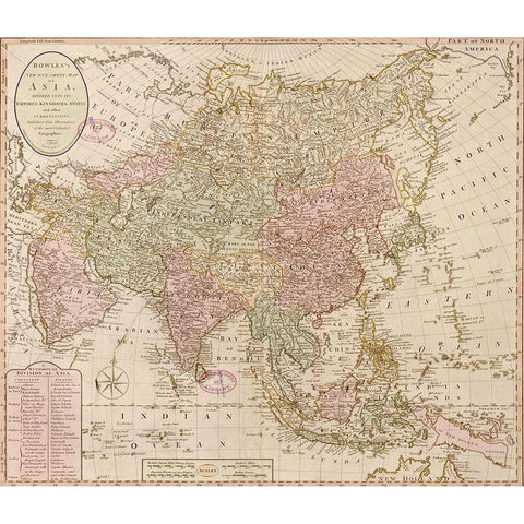 Bowles map of Asia Black Modern Wood Framed Art Print with Double Matting by Vintage Maps