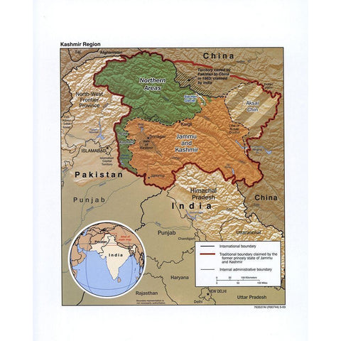 Kashmir-India Black Modern Wood Framed Art Print with Double Matting by Vintage Maps