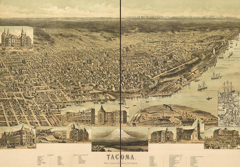 Tacoma-Washington 1890 Black Ornate Wood Framed Art Print with Double Matting by Vintage Maps