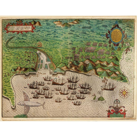 Voyages of Sir Francis Drake 1589 Black Modern Wood Framed Art Print with Double Matting by Vintage Maps