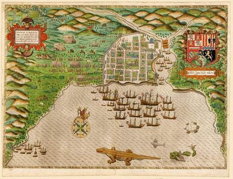 Voyages of Sir Francis Drake 1589 Black Ornate Wood Framed Art Print with Double Matting by Vintage Maps