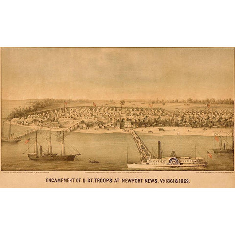 Encampment of US Federal Troops at Newport News 1861 White Modern Wood Framed Art Print by Vintage Maps