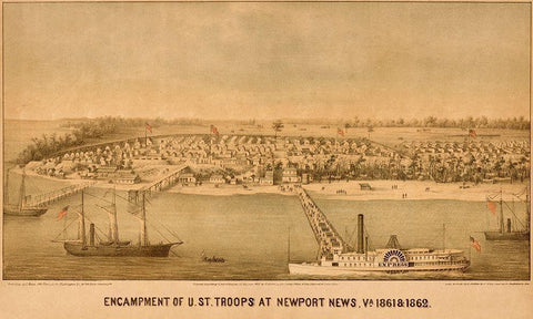 Encampment of US Federal Troops at Newport News 1861 White Modern Wood Framed Art Print with Double Matting by Vintage Maps