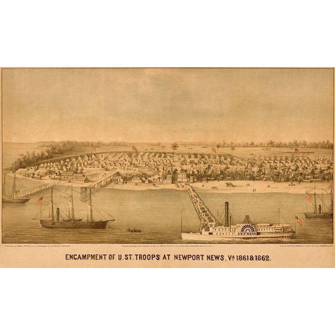 Encampment of US Federal Troops at Newport News 1861 Gold Ornate Wood Framed Art Print with Double Matting by Vintage Maps