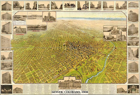 Denver-Colorado 1907 Black Ornate Wood Framed Art Print with Double Matting by Vintage Maps