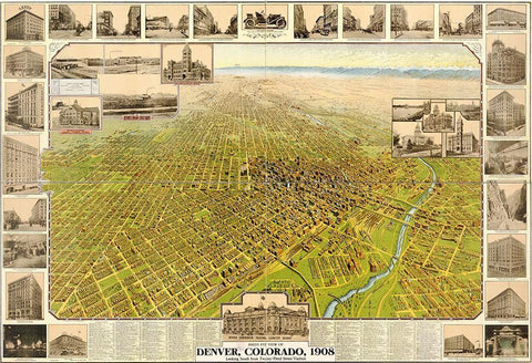Denver-Colorado 1907 White Modern Wood Framed Art Print with Double Matting by Vintage Maps