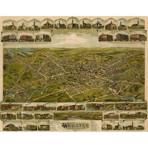 Webster-Massachusetts 1892 Gold Ornate Wood Framed Art Print with Double Matting by Vintage Maps