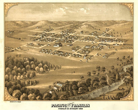 Franklin-Missouri formerly Franklin 1869 Black Ornate Wood Framed Art Print with Double Matting by Vintage Maps