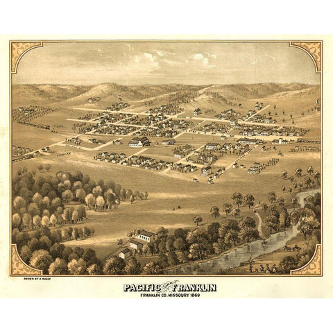 Franklin-Missouri formerly Franklin 1869 Black Modern Wood Framed Art Print by Vintage Maps