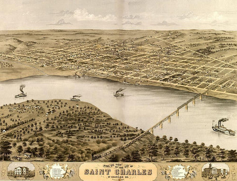 St. Charles-Missouri 1869 Black Ornate Wood Framed Art Print with Double Matting by Vintage Maps