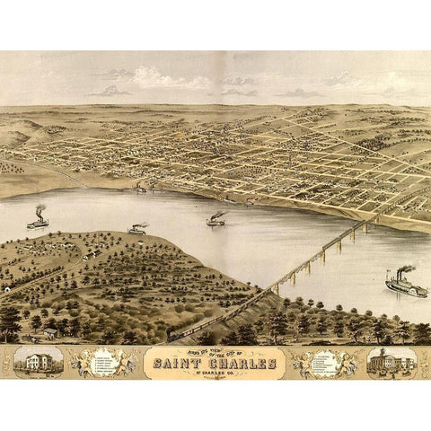 St. Charles-Missouri 1869 Gold Ornate Wood Framed Art Print with Double Matting by Vintage Maps