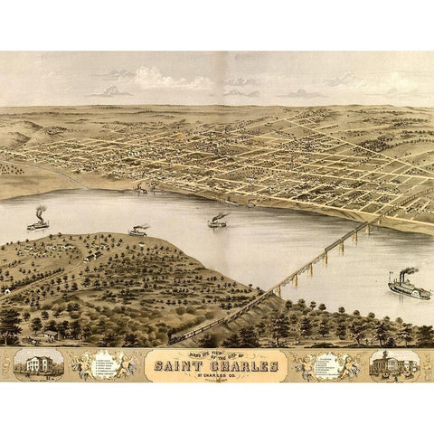St. Charles-Missouri 1869 Black Modern Wood Framed Art Print by Vintage Maps