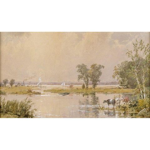 Hackensack Meadows Gold Ornate Wood Framed Art Print with Double Matting by Cropsey, Jasper Francis