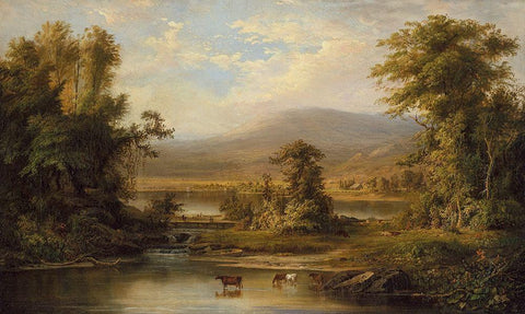 Landscape with Cows Watering in a Stream Black Ornate Wood Framed Art Print with Double Matting by Duncanson, Robert S.