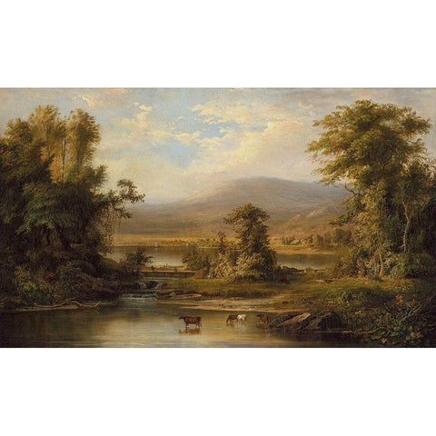 Landscape with Cows Watering in a Stream Black Modern Wood Framed Art Print with Double Matting by Duncanson, Robert S.