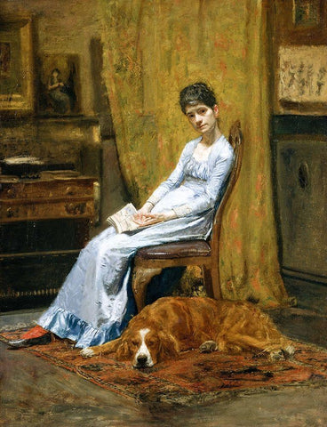 The Artists Wife and His Setter Dog White Modern Wood Framed Art Print with Double Matting by Eakins, Thomas