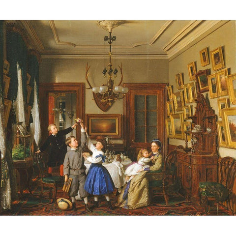 The Contest for the Bouquet: The Family of Robert Gordon in Their New York Dining-Room Black Modern Wood Framed Art Print with Double Matting by Guy, Seymour Joseph