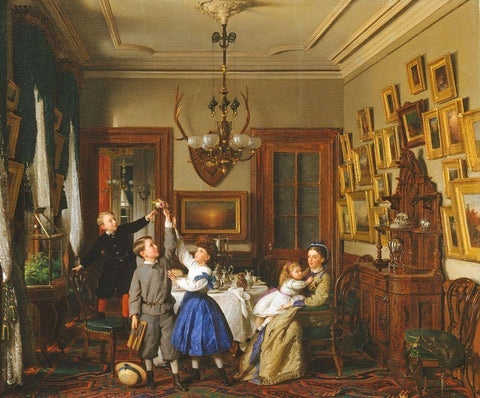 The Contest for the Bouquet: The Family of Robert Gordon in Their New York Dining-Room White Modern Wood Framed Art Print with Double Matting by Guy, Seymour Joseph