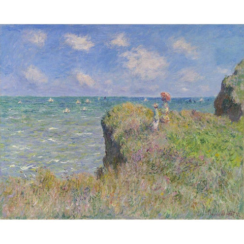 Cliff Walk at Pourville Black Modern Wood Framed Art Print with Double Matting by Monet, Claude