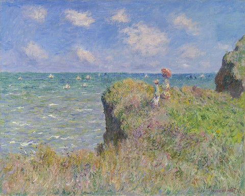 Cliff Walk at Pourville White Modern Wood Framed Art Print with Double Matting by Monet, Claude