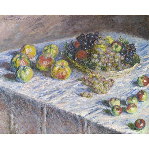 Apples and Grapes Gold Ornate Wood Framed Art Print with Double Matting by Monet, Claude