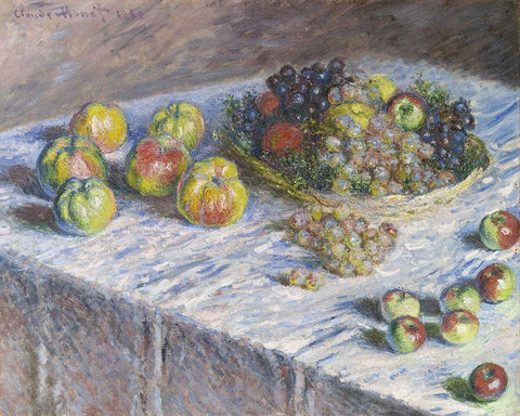 Apples and Grapes White Modern Wood Framed Art Print with Double Matting by Monet, Claude