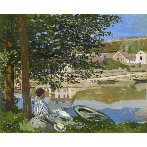 On the Bank of the Seine, Bennecourt Black Modern Wood Framed Art Print with Double Matting by Monet, Claude