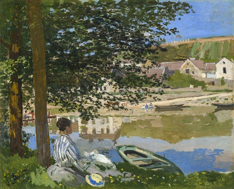 On the Bank of the Seine, Bennecourt Black Ornate Wood Framed Art Print with Double Matting by Monet, Claude