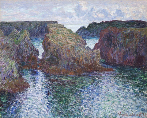 Rocks at Port-Goulphar, Belle-ile Black Ornate Wood Framed Art Print with Double Matting by Monet, Claude