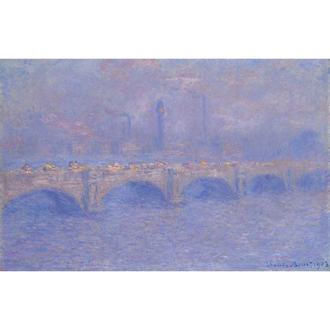 Waterloo Bridge, Sunlight Effect Gold Ornate Wood Framed Art Print with Double Matting by Monet, Claude