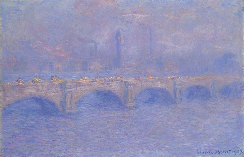 Waterloo Bridge, Sunlight Effect White Modern Wood Framed Art Print with Double Matting by Monet, Claude