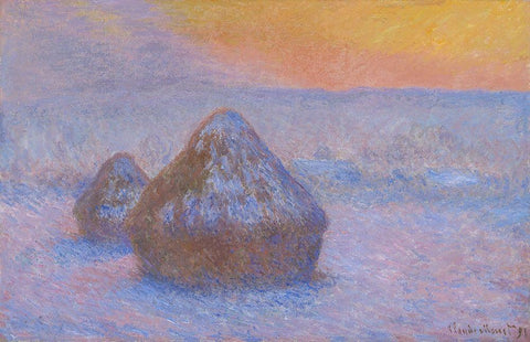 Stacks of Wheat (Sunset, Snow Effect) White Modern Wood Framed Art Print with Double Matting by Monet, Claude
