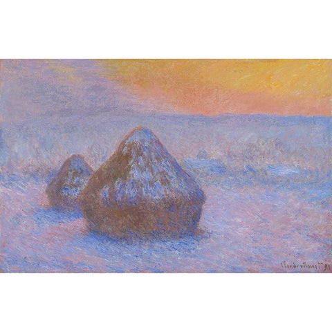 Stacks of Wheat (Sunset, Snow Effect) Black Modern Wood Framed Art Print with Double Matting by Monet, Claude